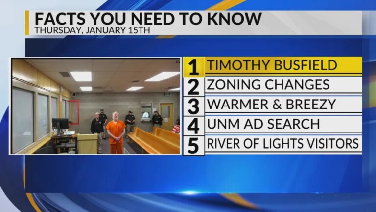 Timothy Busfield court appearance, Albuquerque zoning changes, Warmer weather, UNM Athletic Director search, River of Lights attendance