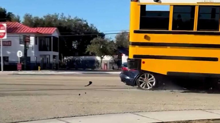 Car slams into back of Florida school bus, gets lodged underneath